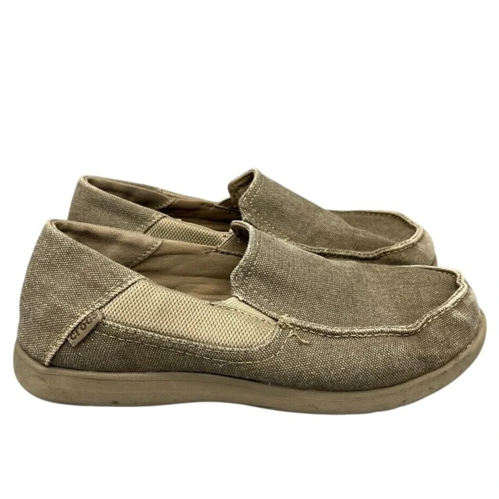 Crocs Santa Cruz Canvas‎ Slip On Loafers Khaki Tan Moccasins J6 Kids